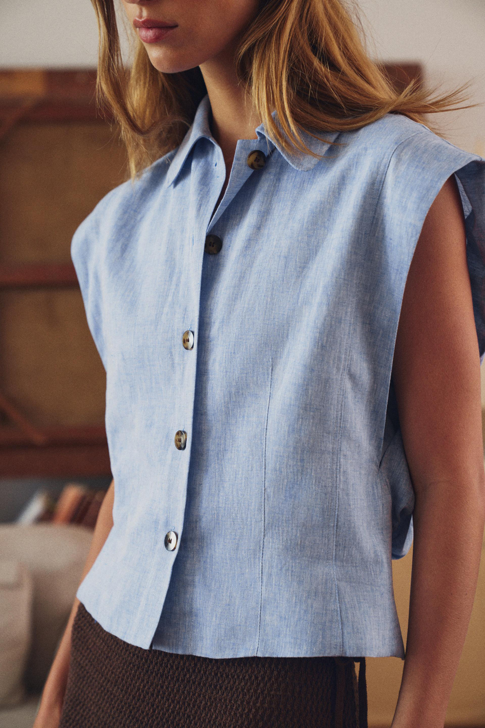 картинка Рубашка Zara Linen Blend Sleeveless, синий от магазина Одежда+