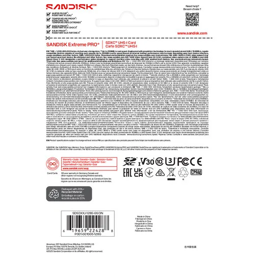 картинка Карта памяти SanDisk Extreme PRO UHS-I SDXC 128 ГБ от магазина Одежда+