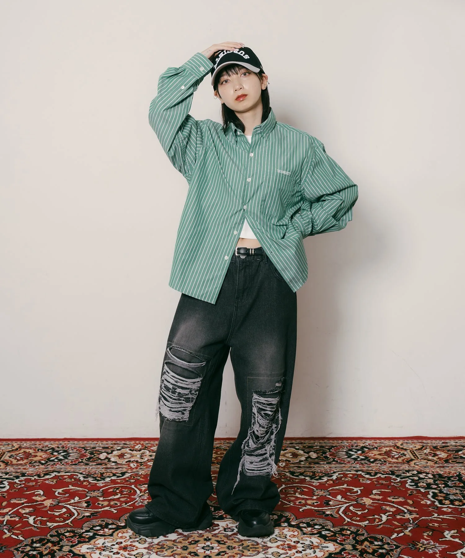 картинка Полосатая рубашка из хлопка Supima Subciety Womens, Green от магазина Одежда+