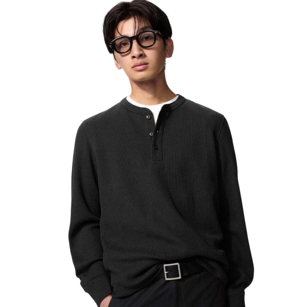 картинка Лонгслив Uniqlo Waffle Henley Neck T-Shirt Unisex, 09 черный от магазина Одежда+