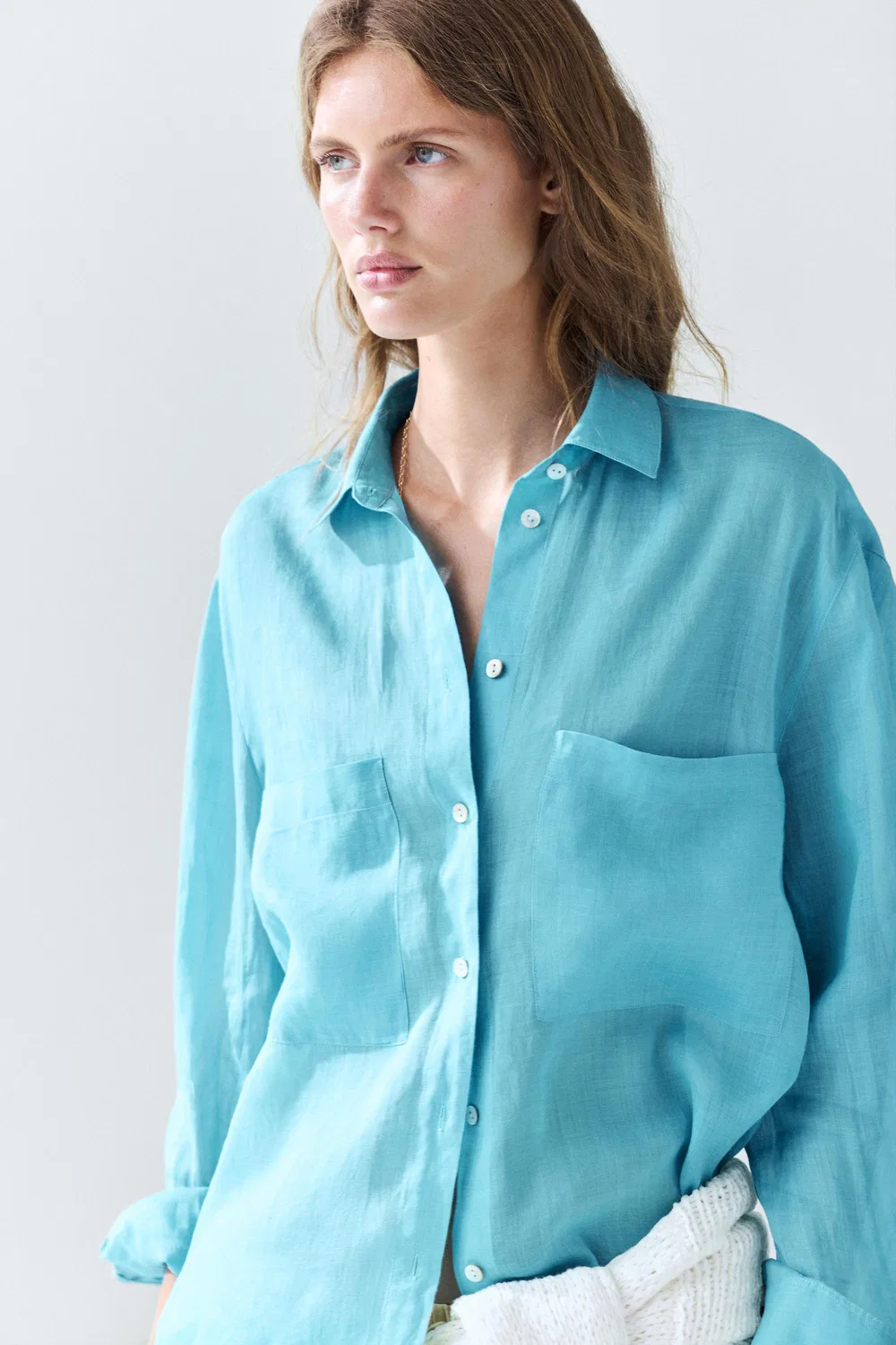 картинка Рубашка Massimo Dutti 100% Ramie Flowing Pocket, бирюзовый от магазина Одежда+