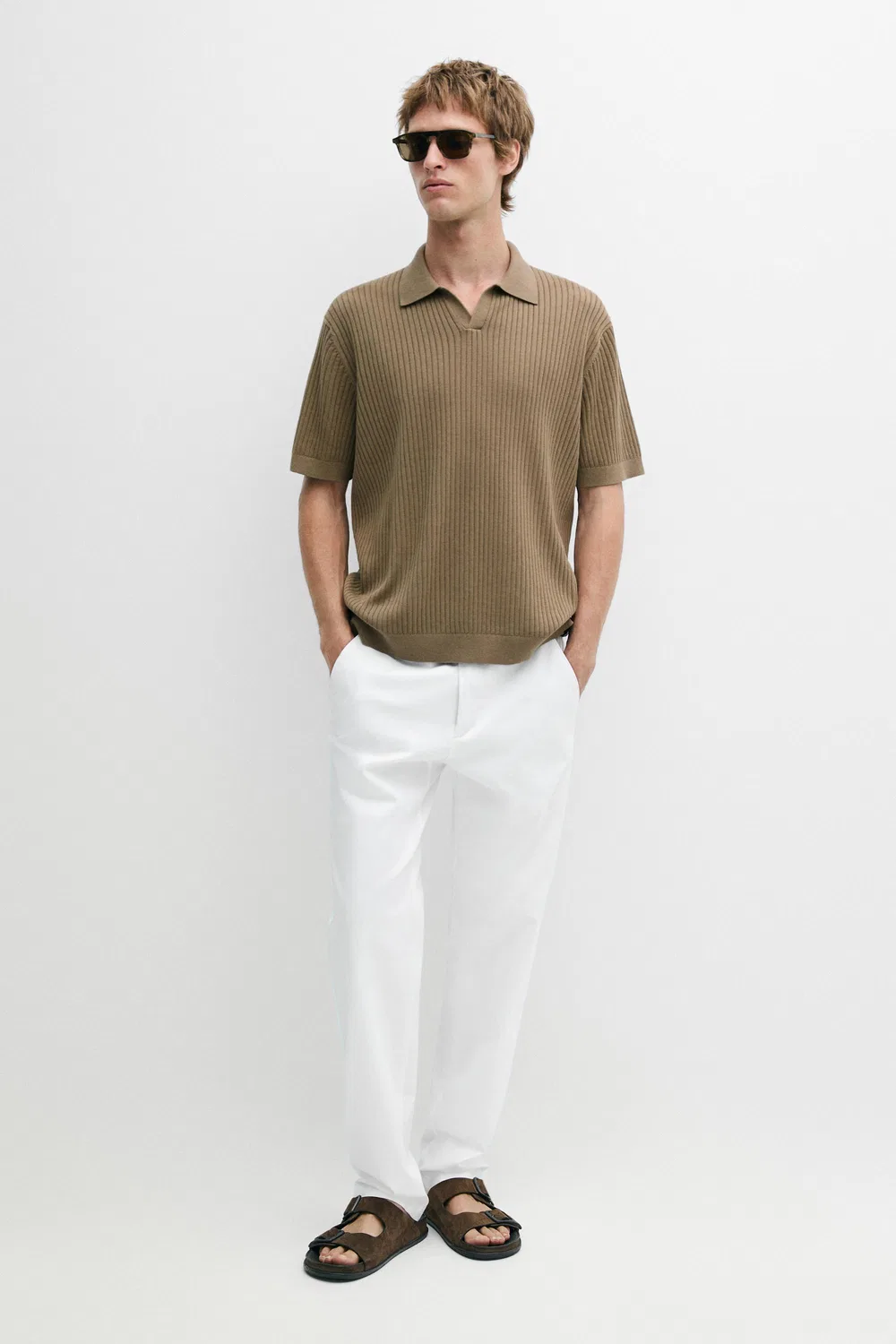 картинка Свитер-поло Massimo Dutti 100% Cotton Ribbed Knit, темный хаки от магазина Одежда+