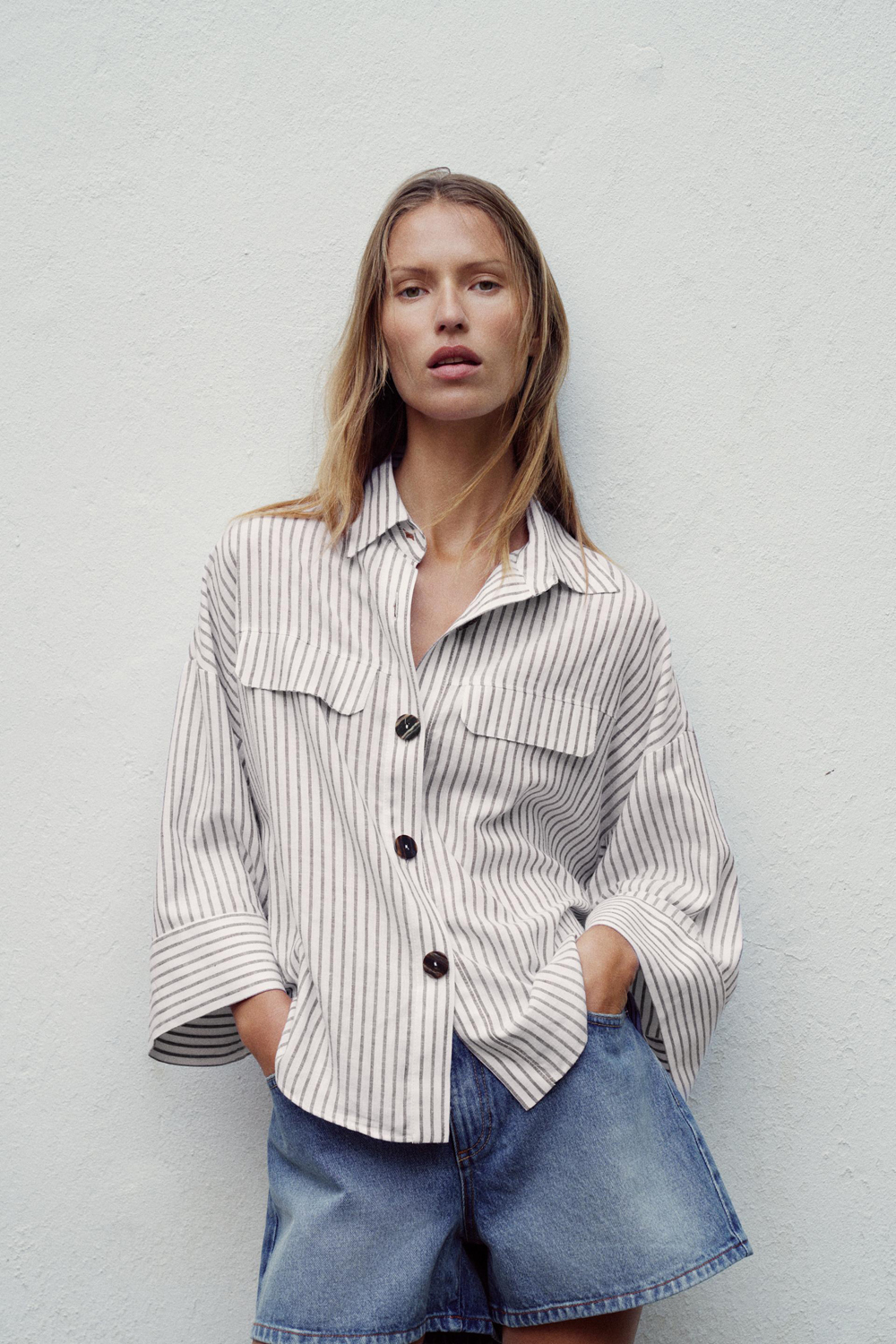 картинка Рубашка Zara Striped Linen Blend, белый/коричневый от магазина Одежда+