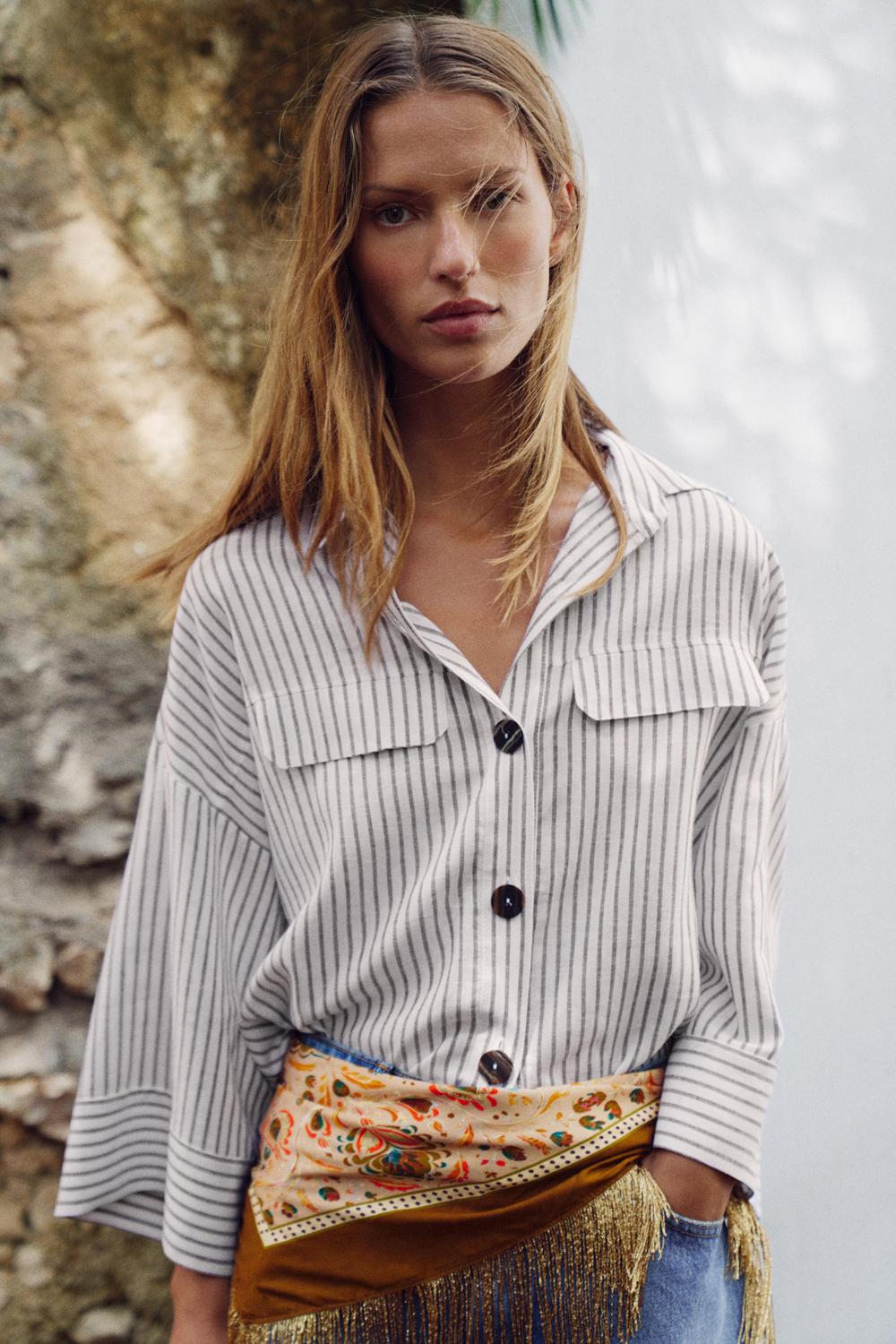 картинка Рубашка Zara Striped Linen Blend, белый/коричневый от магазина Одежда+