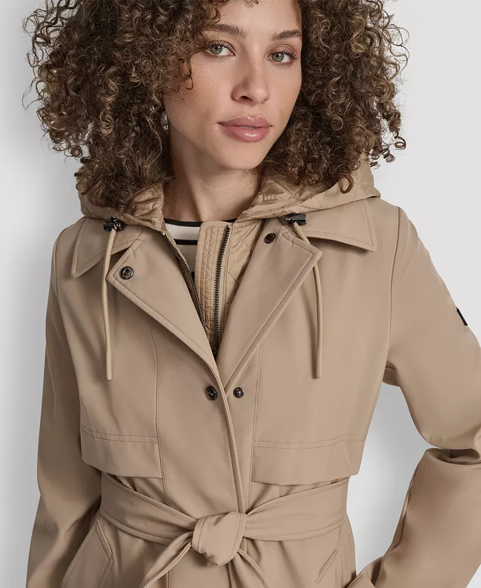 картинка Женский тренчкот с капюшоном и поясом DKNY, коричневый/бежевый от магазина Одежда+