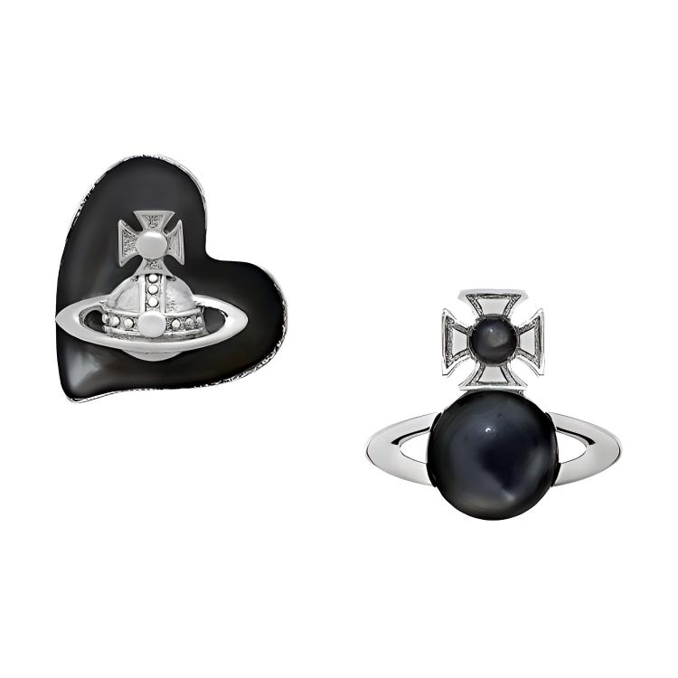 картинка Vivienne Westwood Серьги Heart Saturn асимметричные для женщин Black/Silver от магазина Одежда+