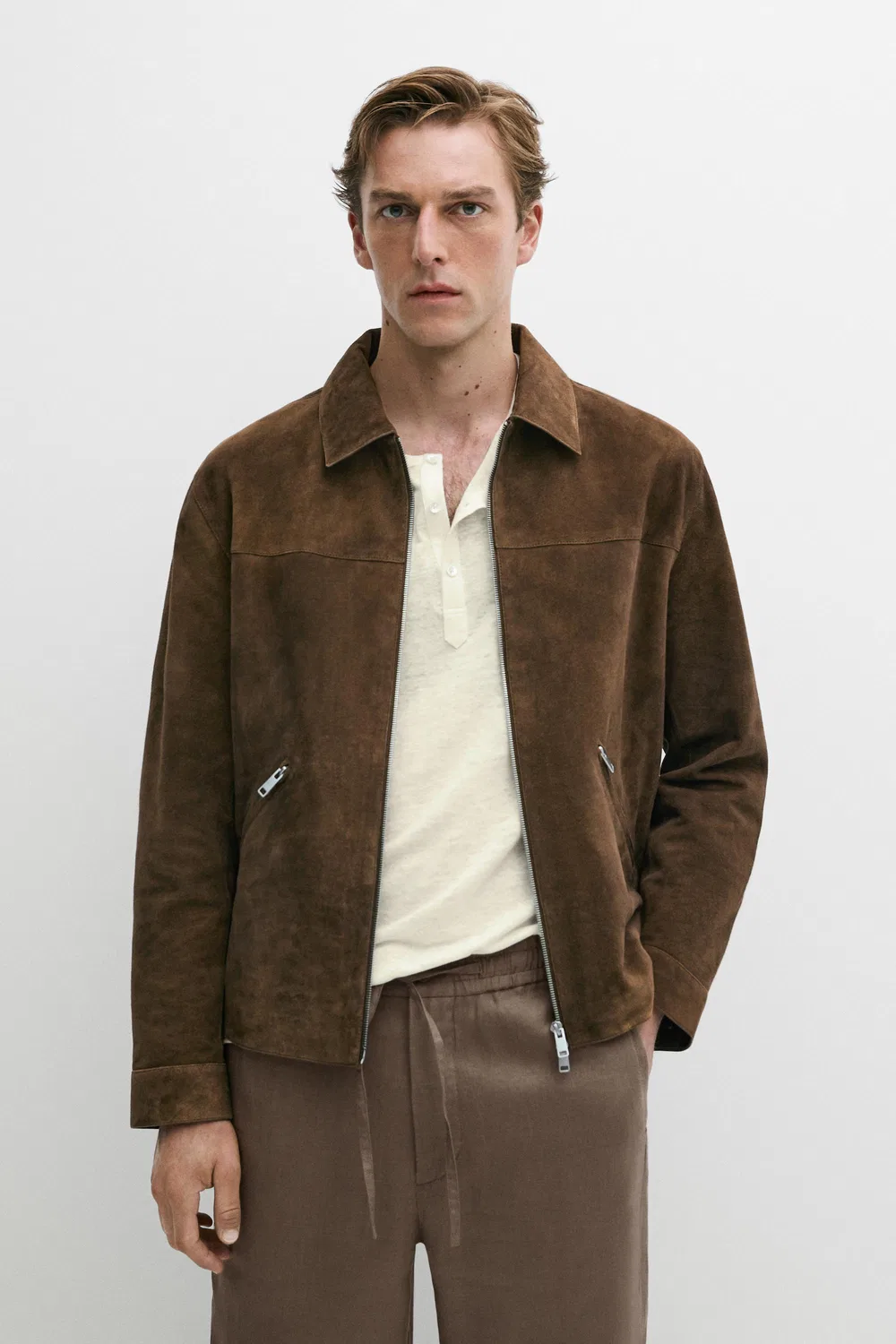картинка Куртка Massimo Dutti Suede Leather Zip-Up, коричневый меланж от магазина Одежда+