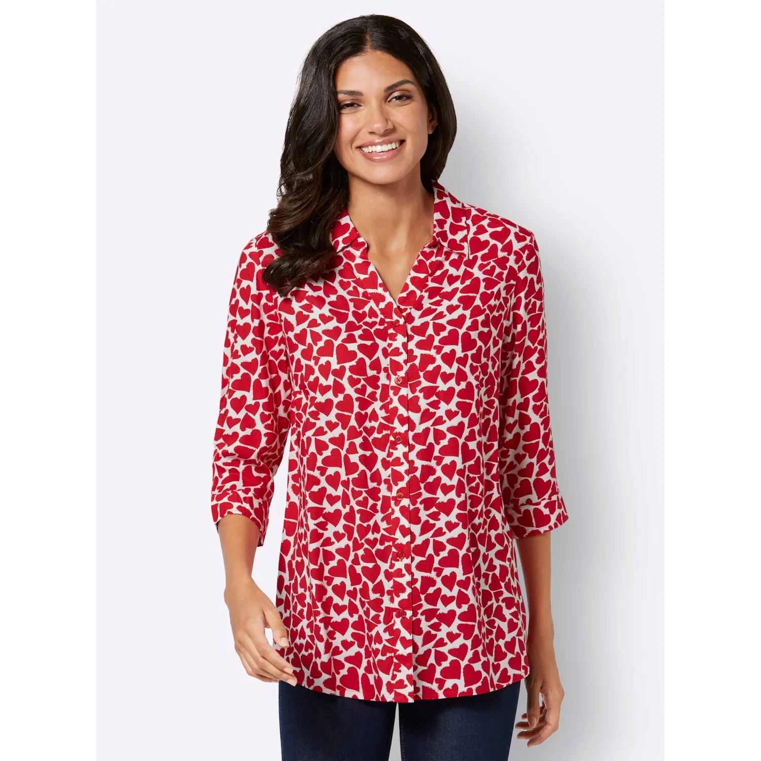 картинка Женская удлиненная блуза с принтом Classic Basics, White-Red Patterned от магазина Одежда+