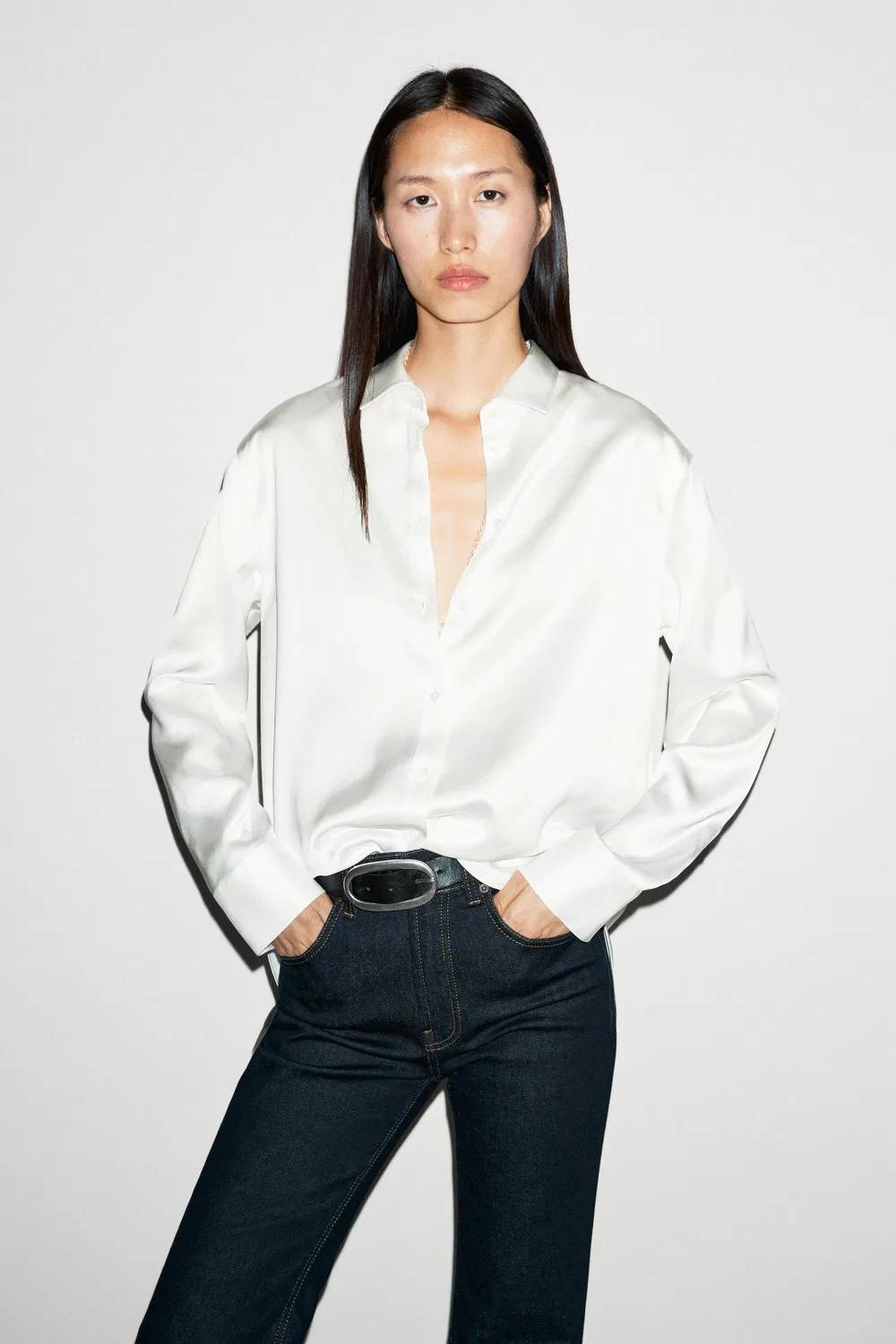 картинка Рубашка Massimo Dutti, атласная, струящаяся, белый от магазина Одежда+
